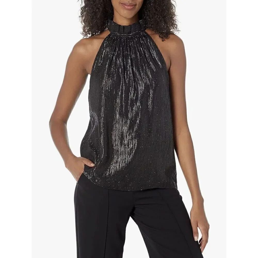 Trina Turk Women's Mock Neck Halter Top Black Sparkling Women’s M NWT